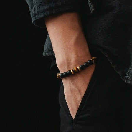 Silver 925 Gold Pladet Bracelet Classic, Onyx Mat 6mm stone — view 2 | Castello Jewels