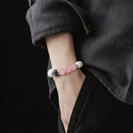 Silver 925 Bracelet Classic Gold Howlite Pin Quartz Eagle Eye stone 10 mm — view 2 | Castello Jewels