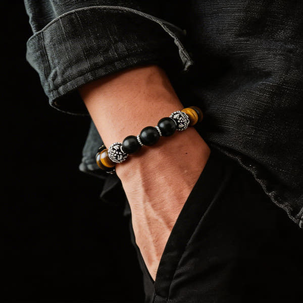 MyKing Matte Onyx & Tiger's Eye Sterling Silver Bracelet, 10mm, view 2 | Castello Jewels