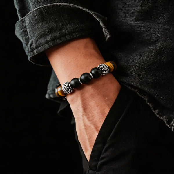 Silver Bracelet MyKing Onyx, Tiger Eye stone — view 2 | Castello Jewels