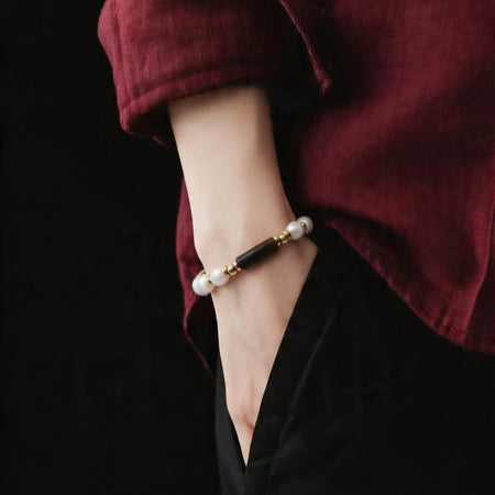 Silver 925' Gold Plated Bracelet, Tigers Eye Tube and Pearl stone 6mm — view 2 | Castello Jewels
