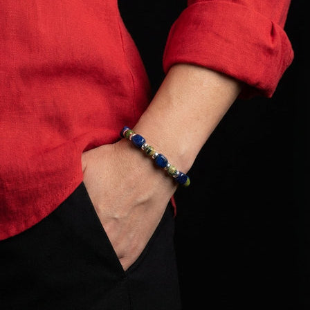 Hand Made AEGEAN Silver 925 Bracelet, Lapis Lazuli square jasper Stone 8mm — view 2 | Castello Jewels
