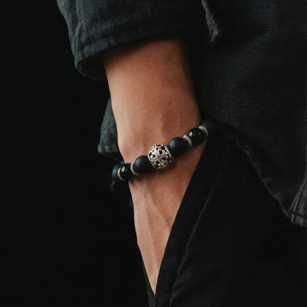 Hand Made Silver Bracelet Knights, Onyx Mat, Onyx Polish stone 8mm — view 2 | Castello Jewels