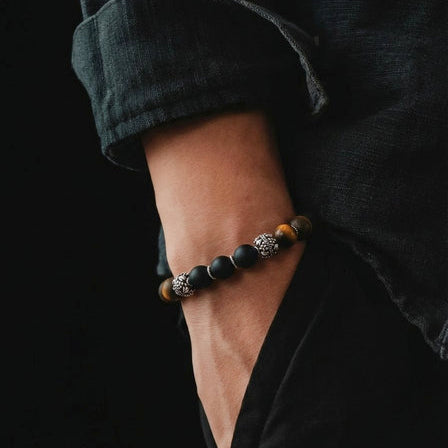 Hand Made Silver Bracelet MyKing Onyx Mat, Tiger Eye Mat stone 10mm — view 2 | Castello Jewels
