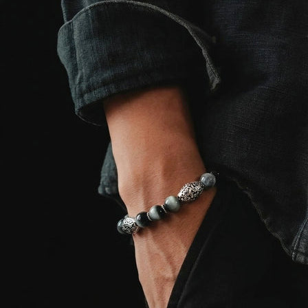 Hand Made Silver Bracelet MyKing Onyx Polish, Lava stone 10mm — view 2 | Castello Jewels
