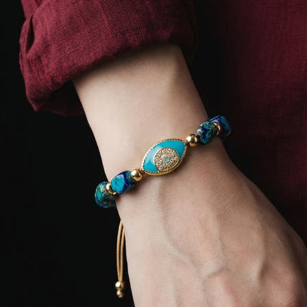 Jasper Turquoise Nazar Bracelet, Gold-Plated, 5x7mm, view 2 | Castello Jewels