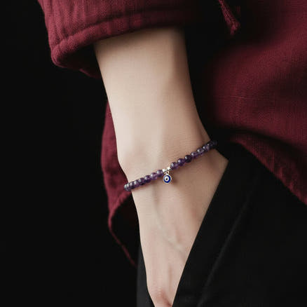 Amethyst Evil Eye Beaded Bracelet, 4mm, view 2 | Castello Jewels
