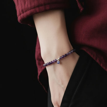 Hand Made Bracelet Evil Eye 925', Amethystos stone 4mm — view 2 | Castello Jewels