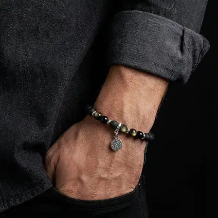 Hand Made Silver 925 Bracelet, Onyx Polish, Obsidian stone 6mm — view 2 | Castello Jewels
