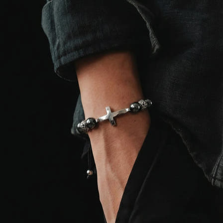 Hematite Cross Gemstone Bracelet, 10mm, view 2 | Castello Jewels