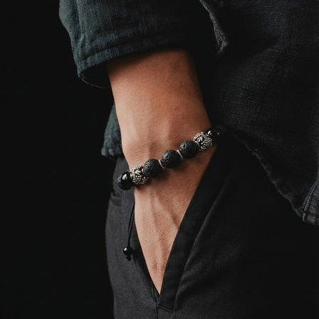 Hand Made Silver Bracelet MyKing Lava, Onyx Polish stone 10mm — view 2 | Castello Jewels