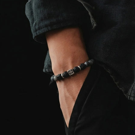 Hand Made Silver Bracelet Knights, Lambradorite, Lava square stone 6mm — view 2 | Castello Jewels