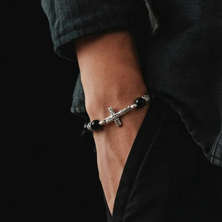 Polished Onyx Cross Bracelet for Men, 10mm, view 2 | Castello Jewels