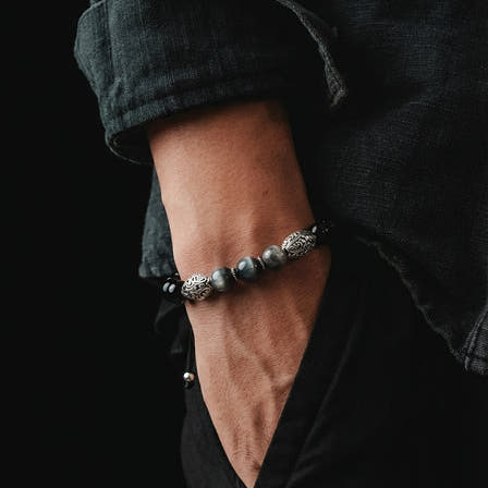 MyKing Eagle's Eye & Polished Onyx Sterling Silver Bracelet, 10mm, view 2 | Castello Jewels
