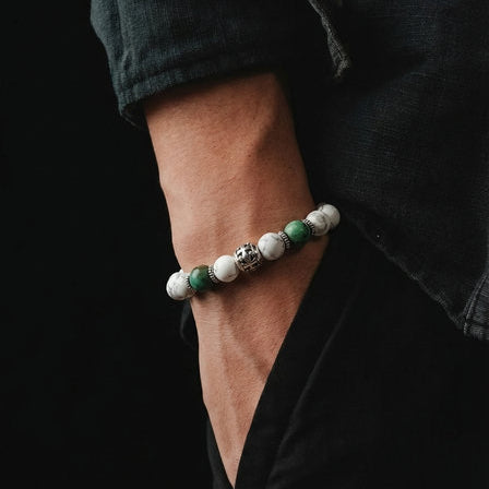 Hand Made Silver Bracelet Knights, Howlite, AfricaTurquoise stone 8mm — view 2 | Castello Jewels