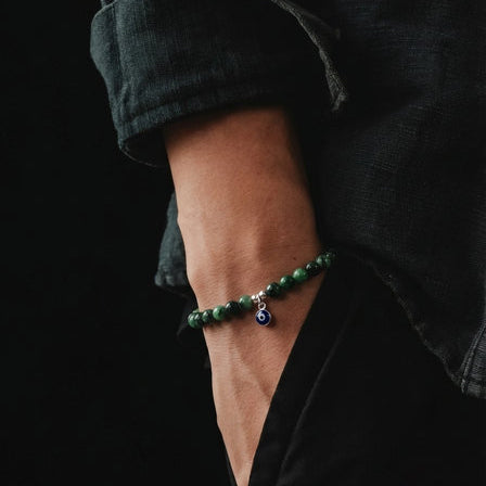 Hand Made Bracelet Evil Eye 925', Red Green stone 4mm — view 2 | Castello Jewels