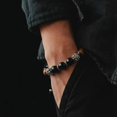 MyKing Polished Onyx & Tiger's Eye Men's Bracelet, Sterling Silver, 10mm, view 2 | Castello Jewels