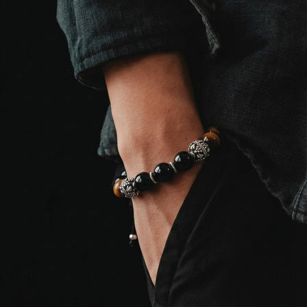 Hand Made Silver Bracelet MyKing Onyx Polish, Tiger Eye Polish stone 10mm — view 2 | Castello Jewels