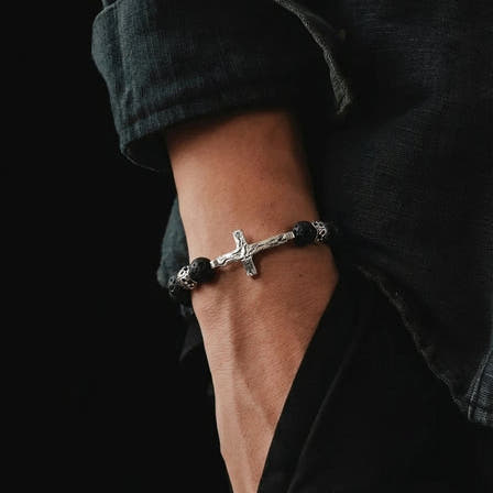 Lava Stone Cross Prayer Bracelet, 10mm, view 2 | Castello Jewels