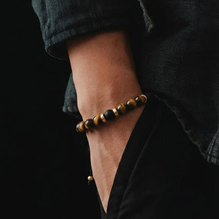 Classic Gold-Plated Polished Tiger's Eye & Onyx Bracelet, 6mm, view 2 | Castello Jewels