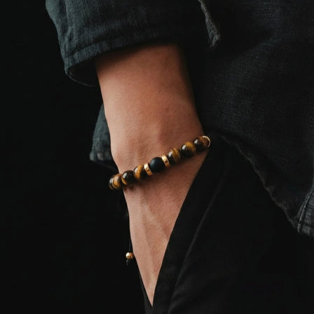 Silver 925 Gold Plated Bracelet Classic, Tiger Eye Polish, Onyx stone 6mm — view 2 | Castello Jewels