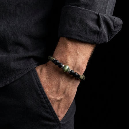 Pyrite Tube & Matte Onyx Bracelet, Sterling Silver, 6mm, view 2 | Castello Jewels