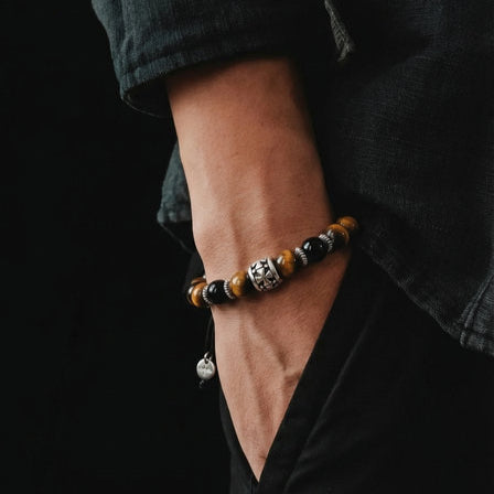 Hand Made Silver Bracelet Knights, Tiger Eye Polish, Onyx Polish stone 8mm — view 2 | Castello Jewels