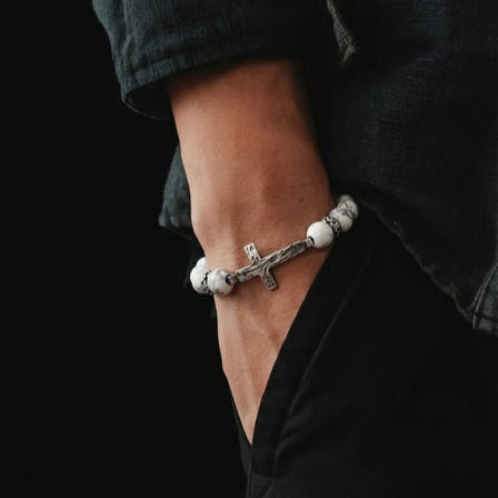 Howlite Cross Bracelet, Sterling Silver, 10mm, view 2 | Castello Jewels