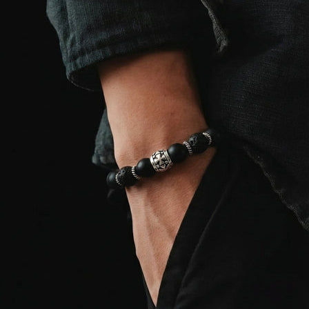 Hand Made Silver Bracelet Knights, Onyx Mat, Lava stone 8mm — view 2 | Castello Jewels