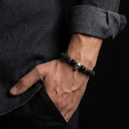 Hand Made Bracelet Silver 925, Cilynder Lava, Onyx stone 10mm — view 2 | Castello Jewels