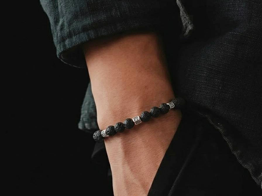Hand Made Bracelet Silver 925 Minimal, Lava stone 4mm — view 2 | Castello Jewels