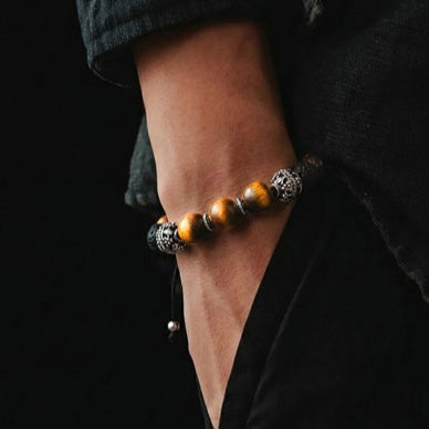Hand Made Silver Bracelet MyKing Lava, Tiger Eye Mat stone 10mm — view 2 | Castello Jewels