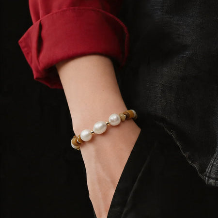 Silver Gold Plated 925 Bracelet, Crismatite Tube and Pearl stone 8mm — view 2 | Castello Jewels
