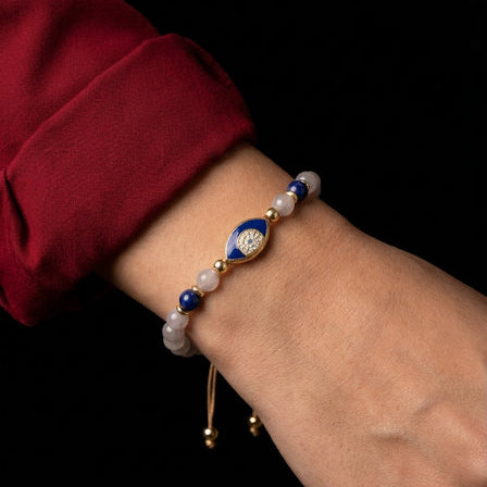 Gray Agate Evil Eye, silver 925' Gold Plated Bracelet, stone 6mm — view 2 | Castello Jewels
