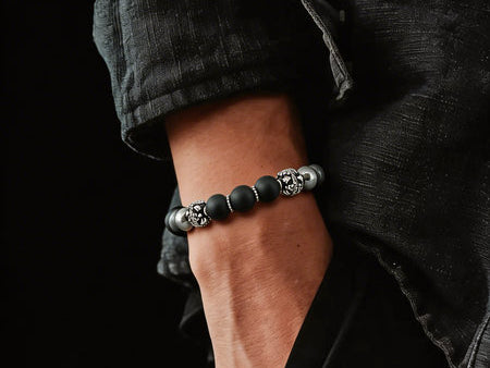 Hand Made Silver Bracelet MyKing Onyx Mat, Hematite stone 10mm — view 2 | Castello Jewels