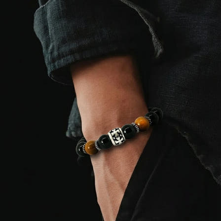 Knights Polished Onyx & Tiger's Eye Men's Bracelet, 8mm, view 2 | Castello Jewels