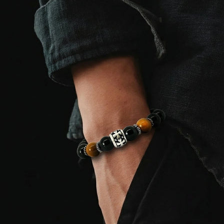 Hand Made Silver Bracelet Knights, Onyx Polish, Tiger Eye Polish stone 8mm — view 2 | Castello Jewels