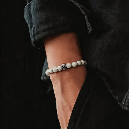 Howlite Skull Bracelet, Sterling Silver, 6mm, view 2 | Castello Jewels