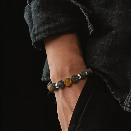 Silver 925 Bracelet Classic Lava Tiger's Eye stone 10mm — view 2 | Castello Jewels
