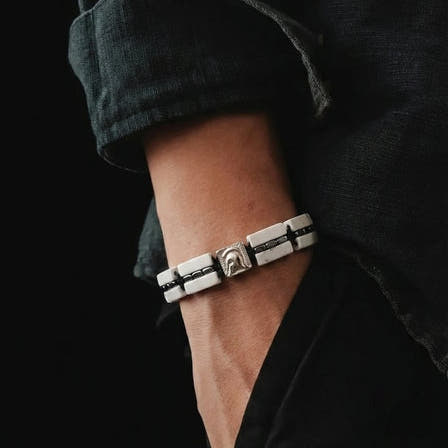 Howlite & Hematite Men's Bracelet, Sterling Silver, 4x13mm, view 2 | Castello Jewels