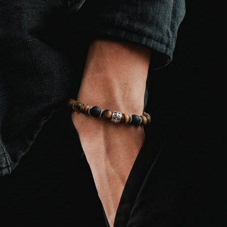 Hand Made Silver Bracelet Knights, Tiger Eye Mat, Lava stone 8mm — view 2 | Castello Jewels