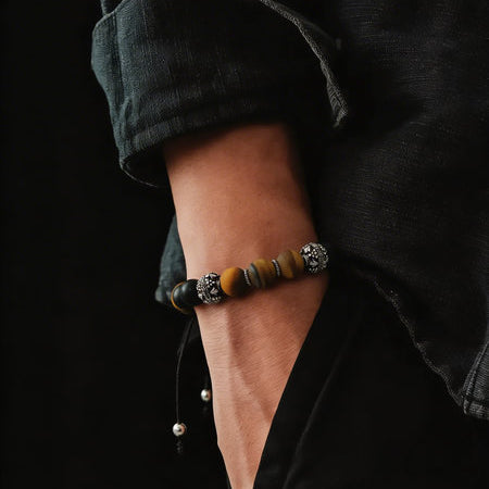 Hand Made Silver Bracelet MyKing Onyx Mat, Tiger Eye Mat stone 10mm — view 2 | Castello Jewels