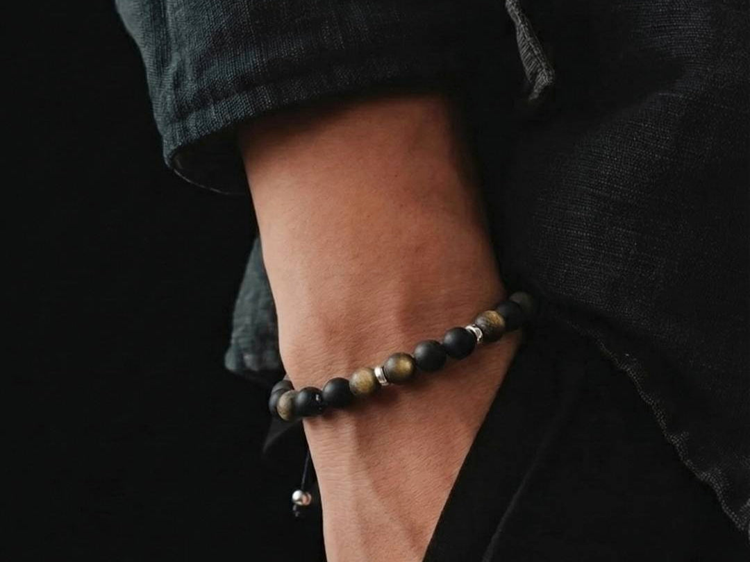 Silver 925 Bracelet Minimal, Obsidian Mate with rondel, 6mm stone — view 2 | Castello Jewels