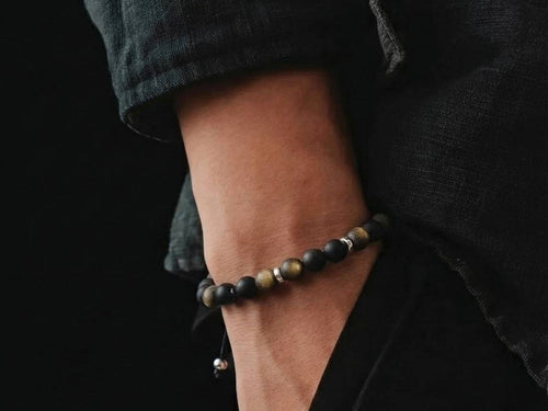 Silver 925 Bracelet Minimal, Obsidian Mate with rondel, 6mm stone — view 2 | Castello Jewels