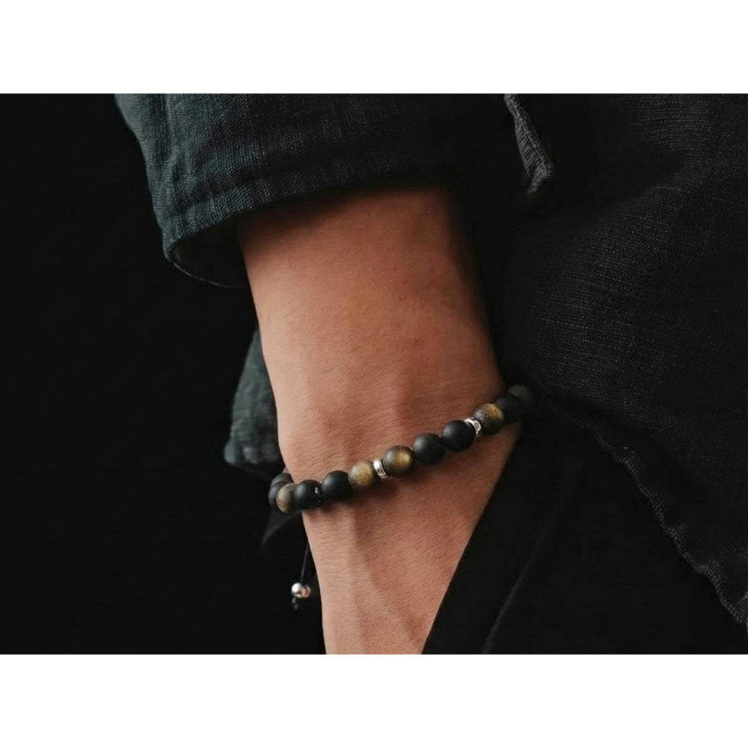 Minimal Matte Obsidian Rondel Sterling Silver Bracelet, 6mm, view 2 | Castello Jewels