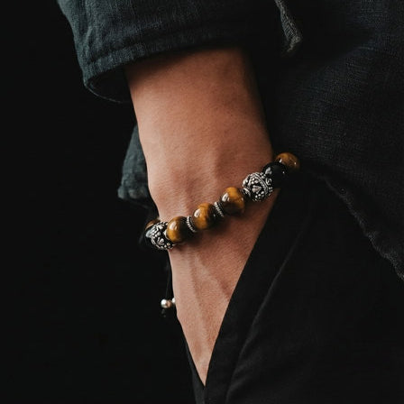 Hand Made Silver Bracelet MyKing Onyx Polish, Tiger Eye Polish stone 10mm — view 2 | Castello Jewels