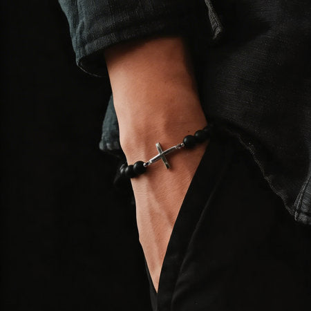 CROSS SILVER 925 Bracelet, Onyx Stone 8mm — view 2 | Castello Jewels