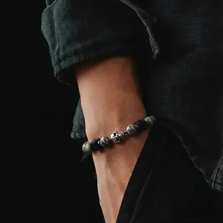 Hand Made Bracelet 925 Silver, Grey Picasso stone 8mm — view 2 | Castello Jewels