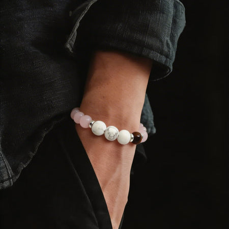 Silver 925 Bracelet Classic Pink Quartz Howlite Tiger's Eye Stone 10mm — view 2 | Castello Jewels