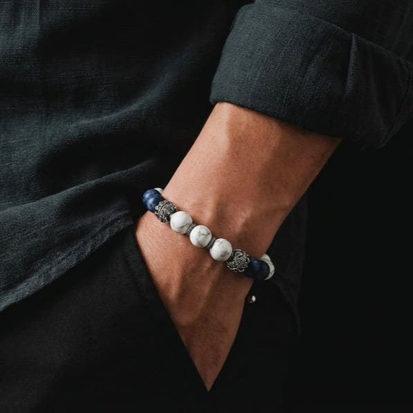 Howlite & Sodalite Sterling Silver Men's Bracelet, Handmade, 10mm, view 2 | Castello Jewels